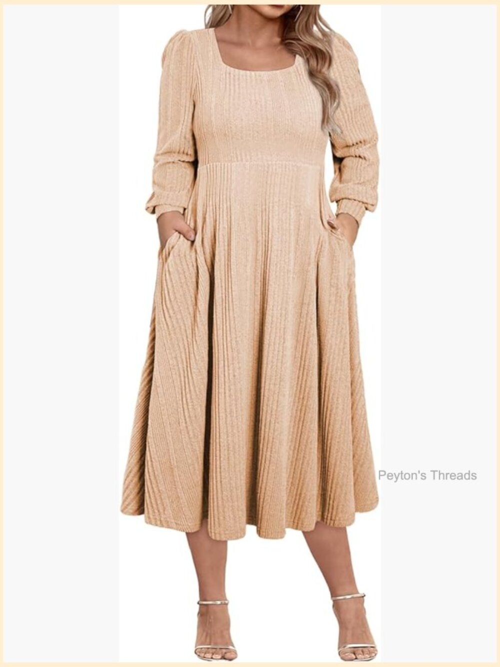 Plus Size Square Neck Long Sleeve Midi Sweater Dress with Pockets